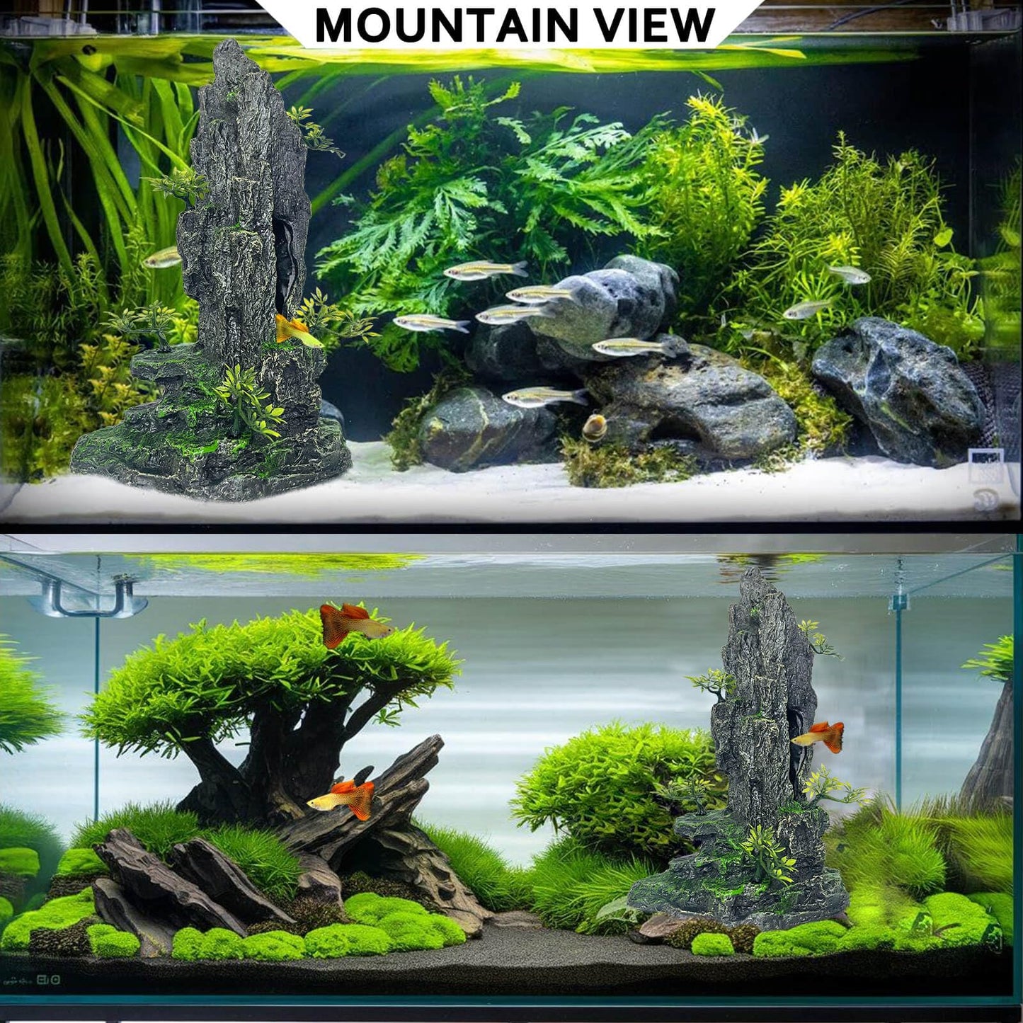 VMCN Aquarium Decoration Large and Tall for Fish Tank Rock Thematic Ornaments Aquarium Mountain View Stone Ornaments Aquarium Decor Tree House Cave Fish Tank Landscape - Extra Large