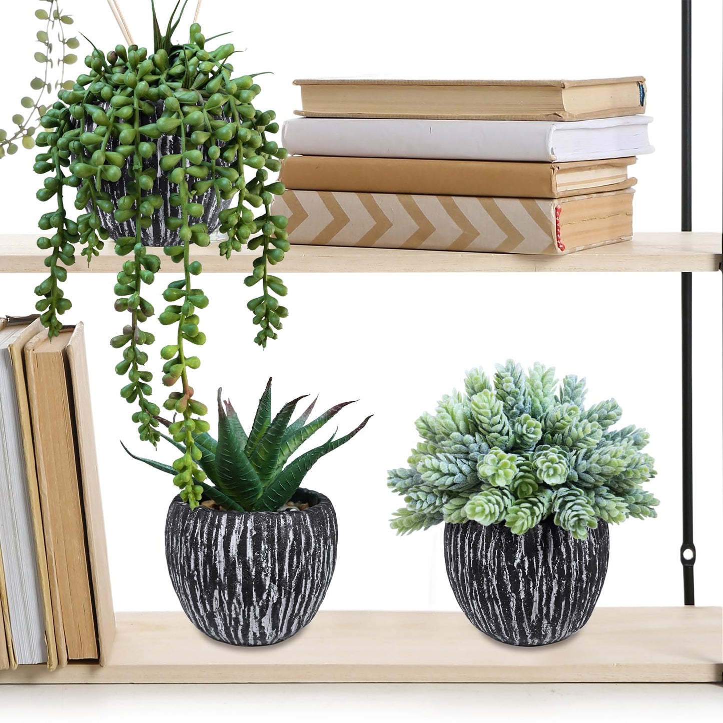 Winlyn Set of 3 Artificial Succulent Plants in Black Pots Fake Hops Aloe String of Pearls Potted Plants Small Faux Plants Desk Plants for Home Office Desk Kitchen Bathroom Shelf Windowsill Decor