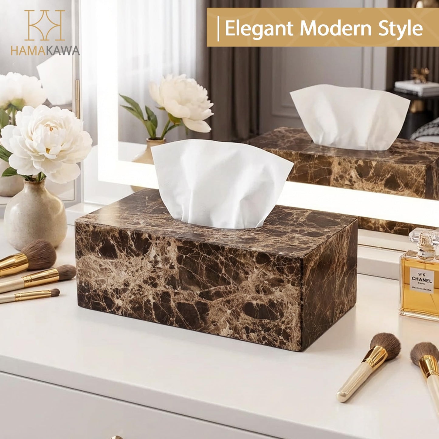 HAMAKAWA Spanish Natural Marble Tissue Box Cover, Dark Brown Tissue Organizer 10 X 5.5 X 3.9 Inch, Heavy Stone Decorative Box, Rectangle Tissue Box Holder for Home Decor, Kitchen, Bathroom, Bedroom