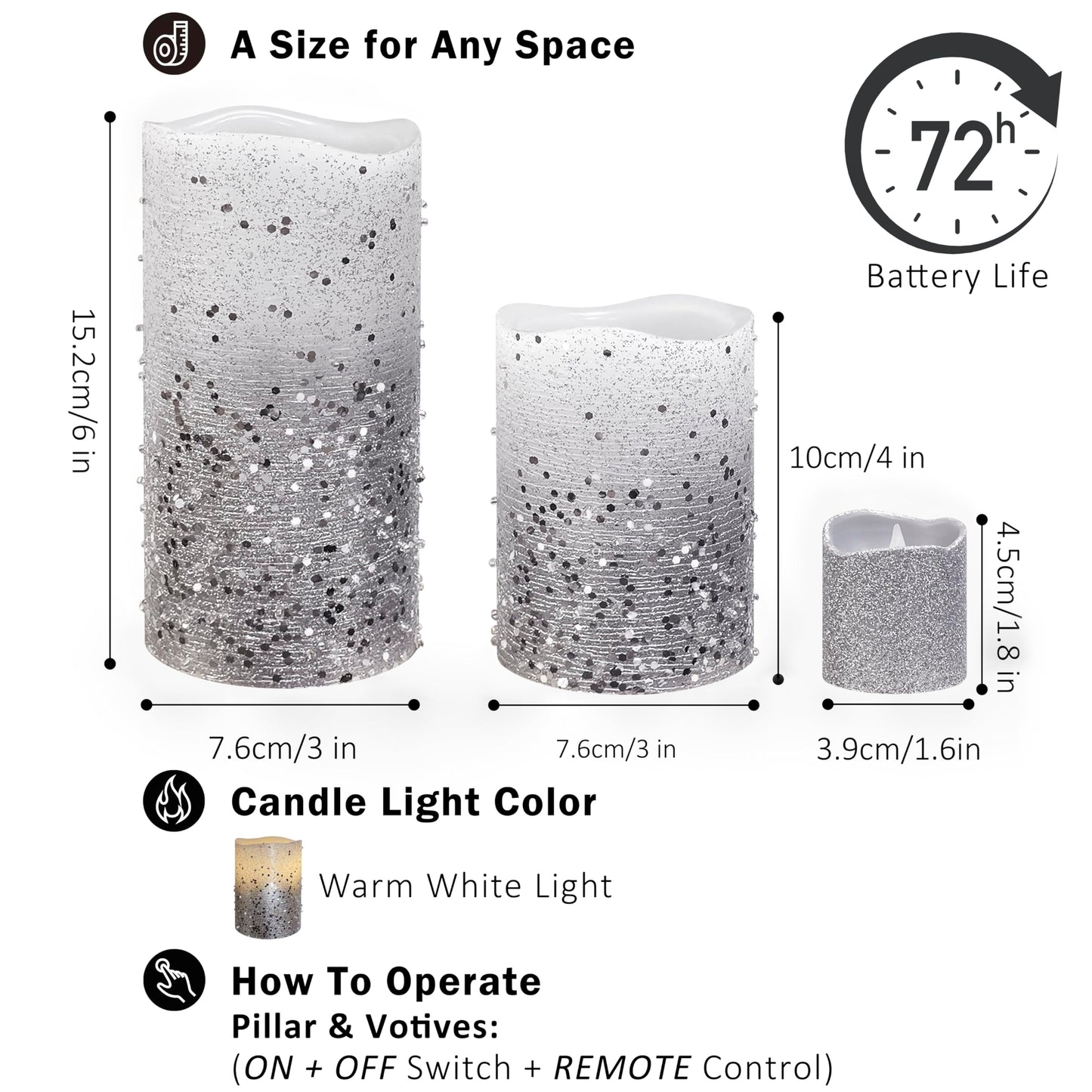FURORA LIGHTING Silver Glitter LED Candles, 8-Pack Set with Remote & Timer