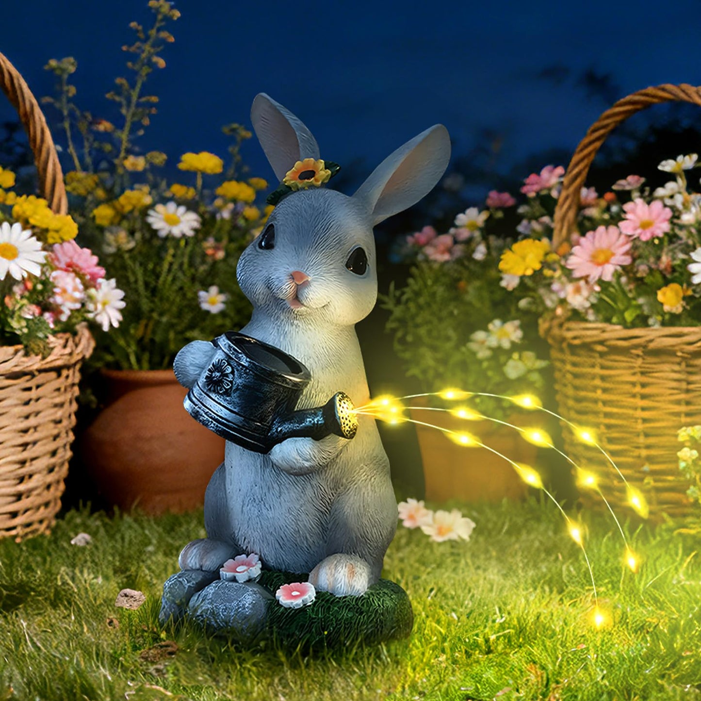 Foyucool Solar Garden Decor Watering Bunny Statues Outdoor, Outdoor Sculpture Figurine Statue Lights, Outdoor Garden Yard Lawn Patio Decoration, Unique House Warming Birthday Present for Women Family