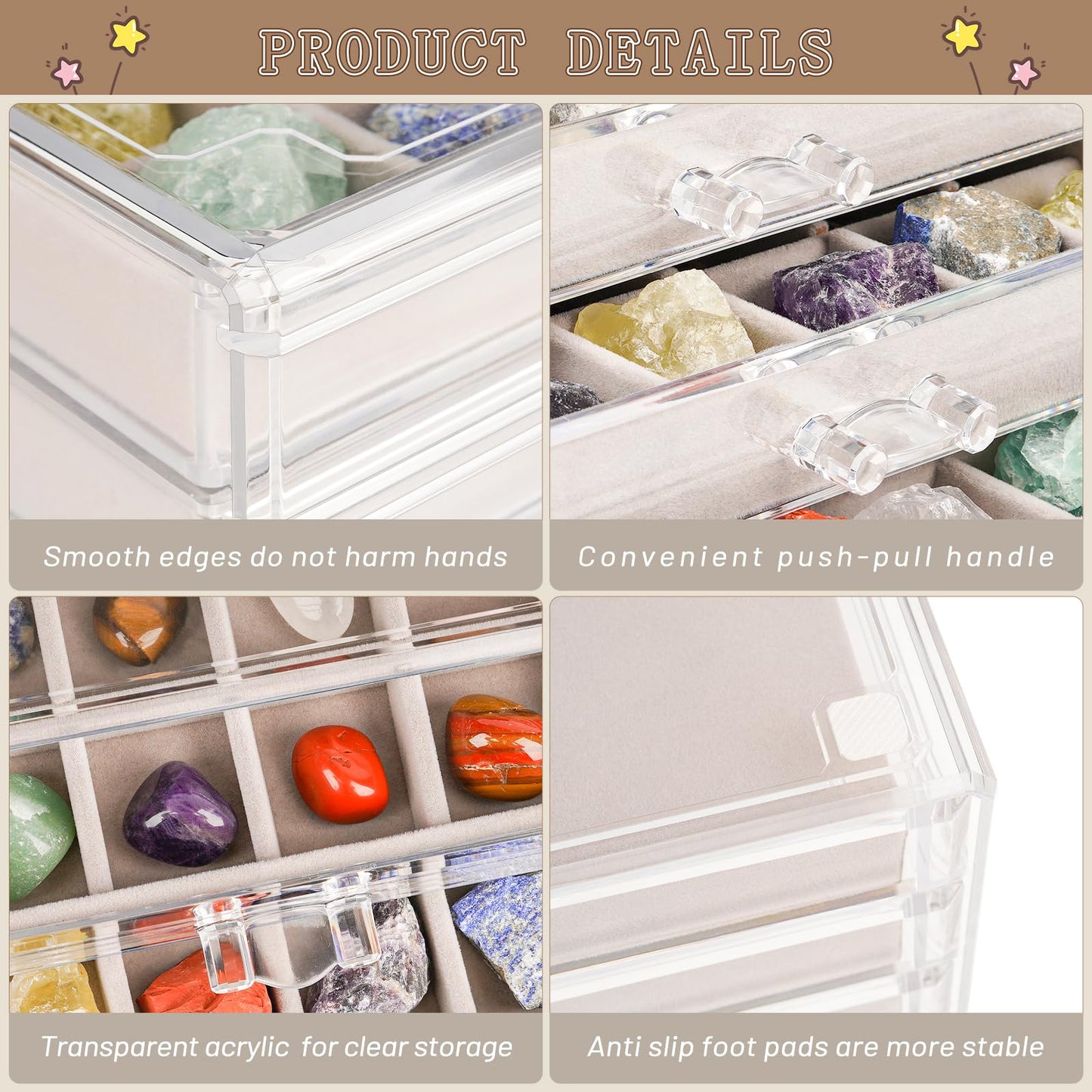 Bfttlity Acrylic Rock Display Case, 90 Grids Rock Collection Box for Kids, Clear Display Cases for Stones Collectibles Gemstone Crystals Storage Boxes (90 Grids)