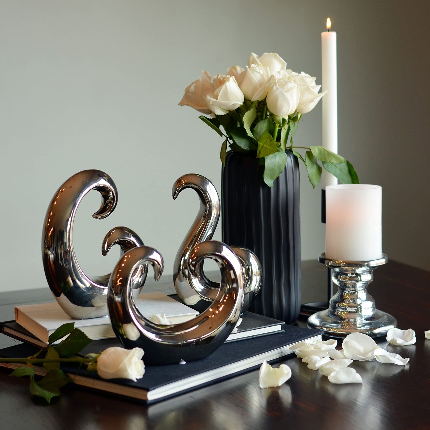 WHW Whole House Worlds Eternity Curl and Wave Sculptures, Set of 3, Decorative Modern Art, Silver Titanium Glazed, High Fired Stoneware, 8.25 Inches