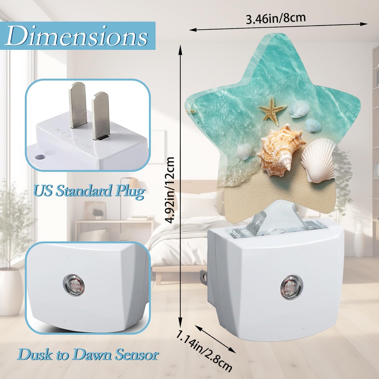 SKYDAWNY Beach Starfish Shells Plug-in Night Light with Dusk-to-Dawn Sensor for Bathroom,Bedroom and Hallway Sleep Friendly Lamp for Women/Girls/Boys Gift,0.5w
