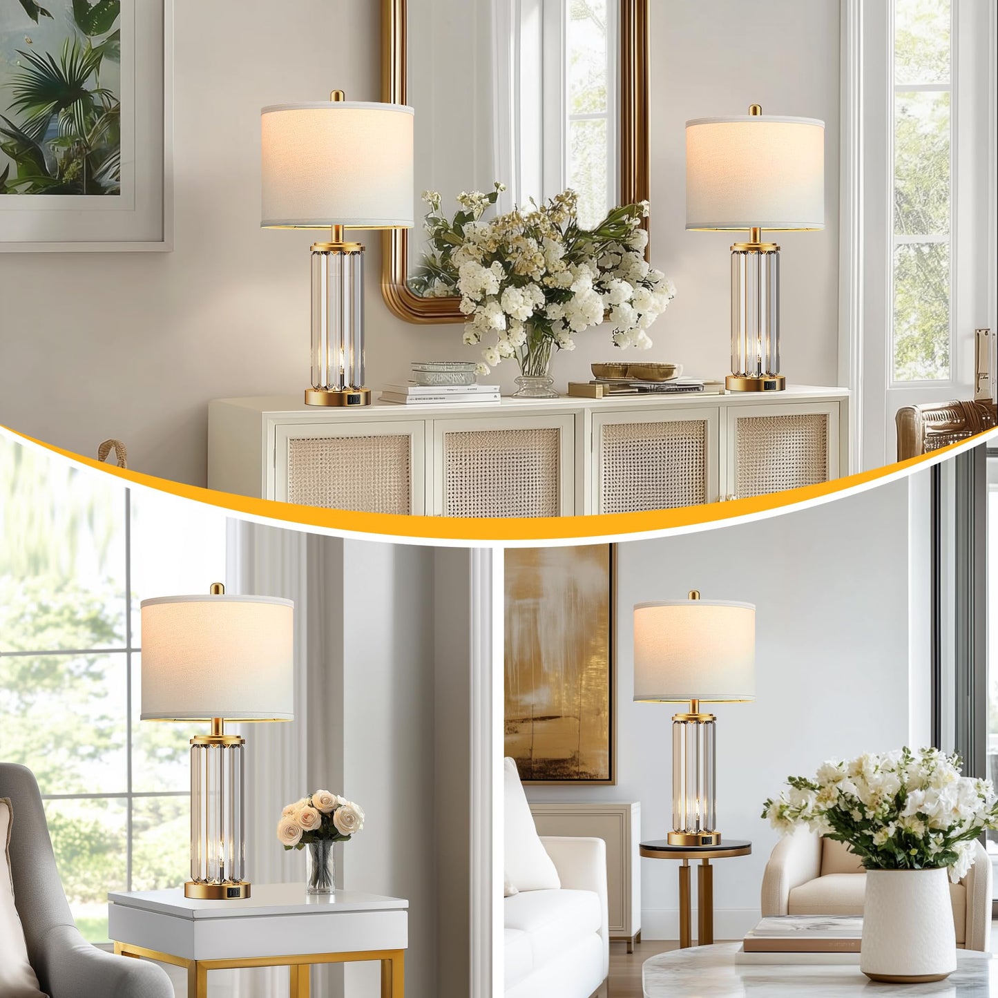 QiMH Gold Table Lamps for Bedroom Set of 2 with Nightlight, Modern Bedside Lamp with 2 USB A+C Charging Port, Clear Nightstand Lamp for Living Room White Shade Home Light Decor(LED Bulbs Included)