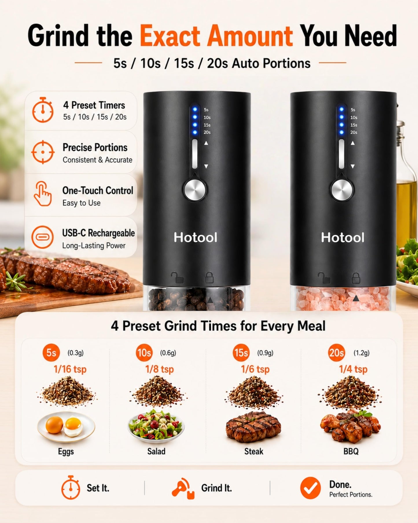 Hotool Electric Salt and Pepper Grinder Set - Rechargeable Salt and Pepper Shakers with Base - Adjustable Coarseness Salt Grinder - Kitchen Gadgets, Gifts for Mom, Dad, Women, Men, Sister, Grandpa