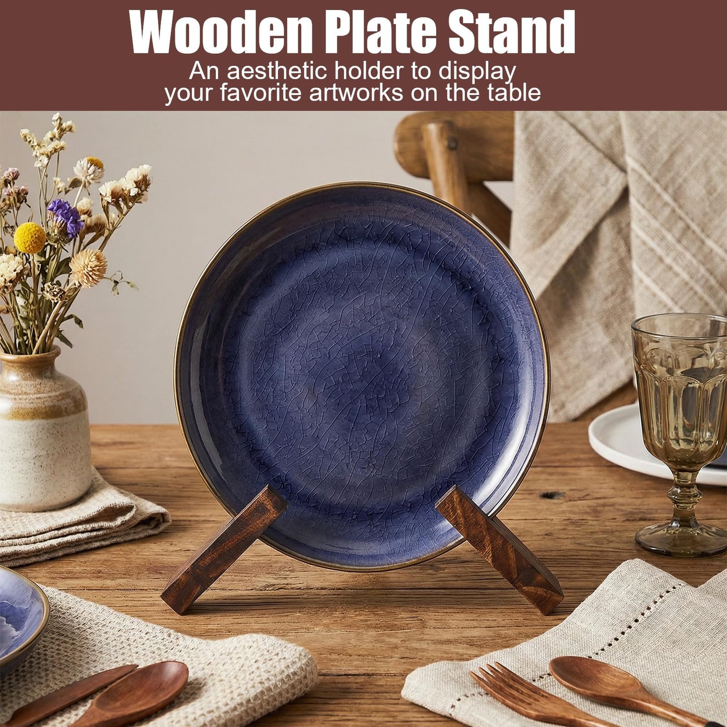 4 Pack Wood Bowl Display Stand For Display - 6.5 Inch Wooden Plate Holder Display Stand, Wooden Easel Frame Holder, Decorative Wood Display Plate Holders for Art, Rock, Mineral, Fossil, Clock, Book