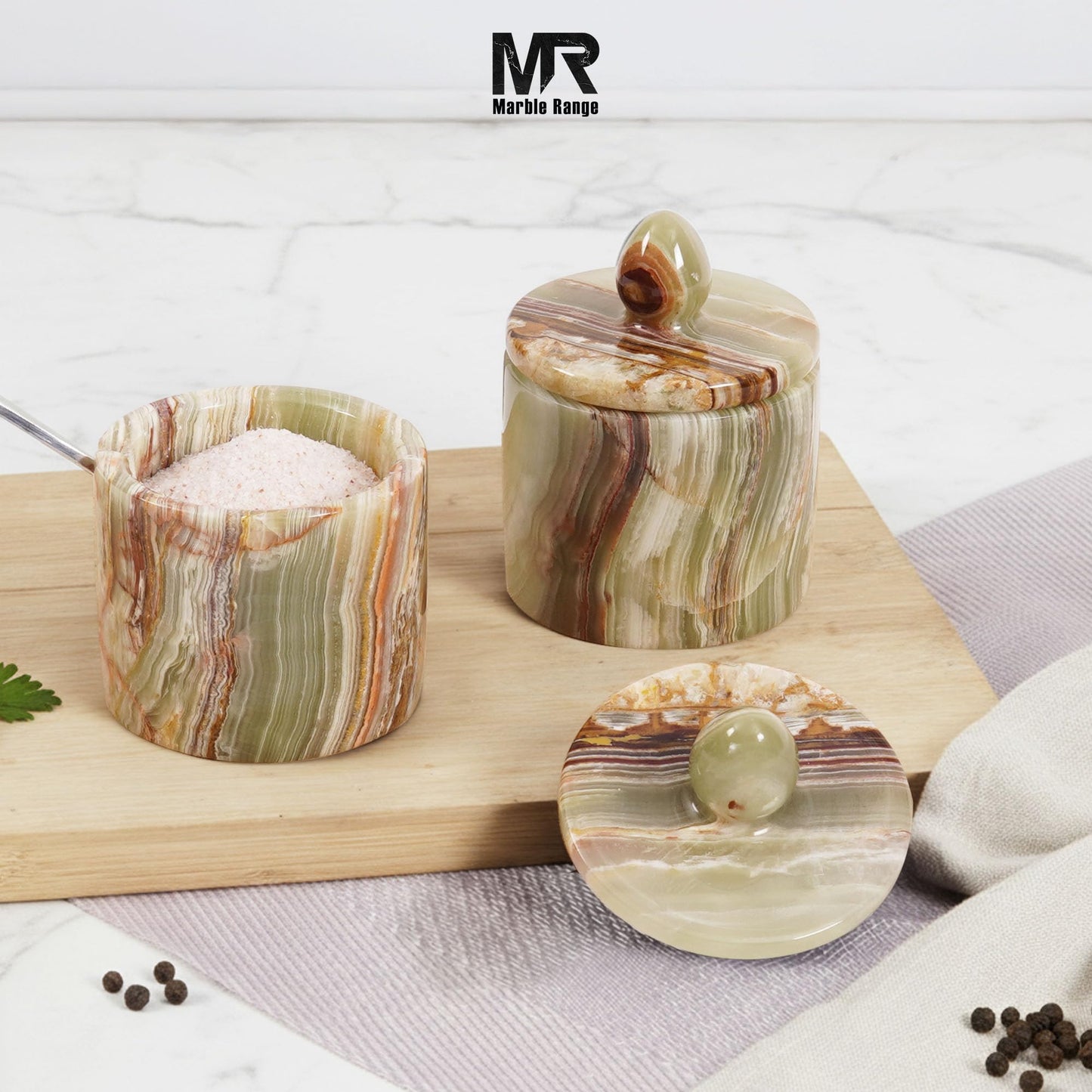 Marble Salt Cellar with Lid and tray 4 Inch Green Onyx Handmade Salt Container, Set of 2 Seasoning Jars, Spice Storage Containers for Kitchen Countertop, Sugar Bowl