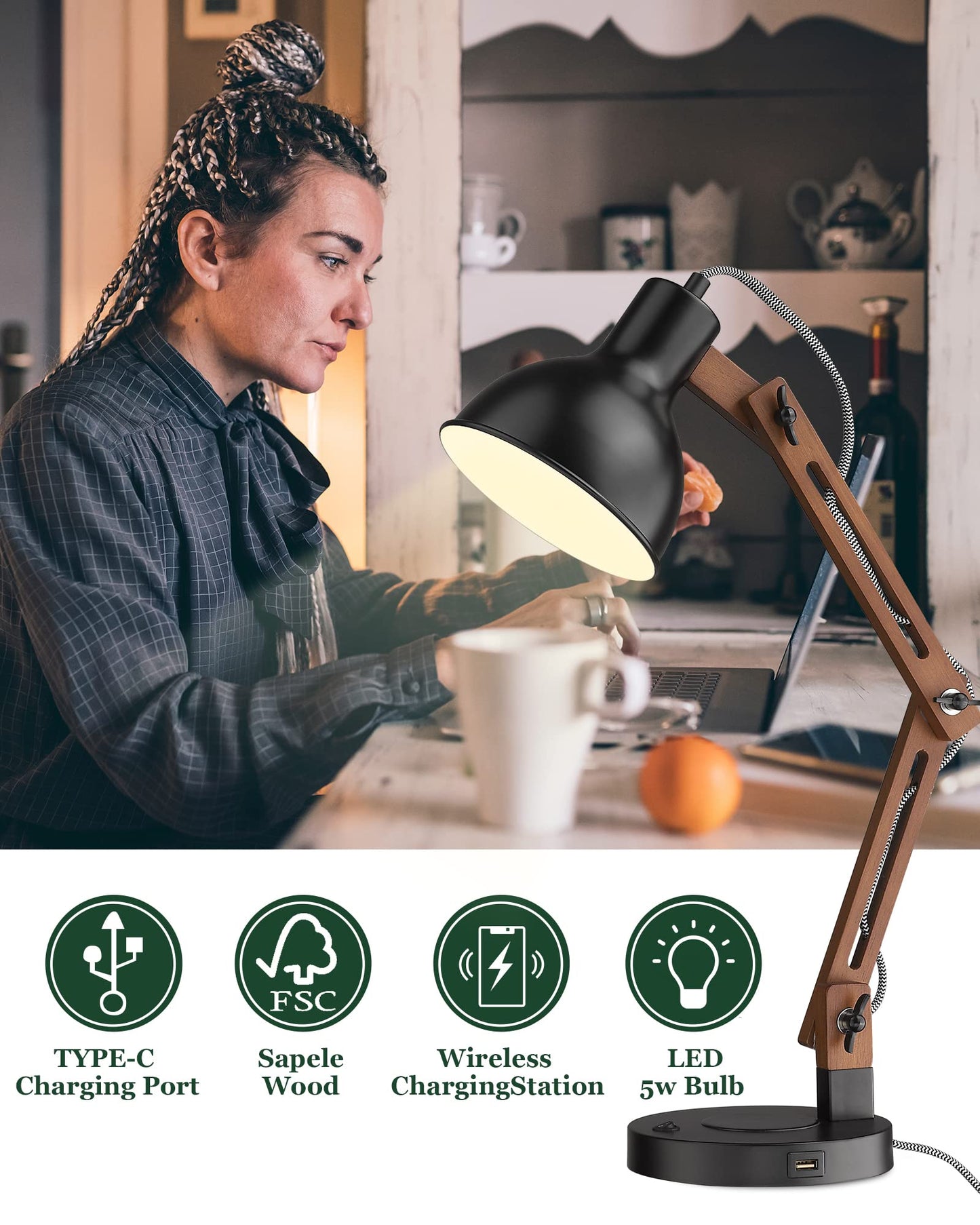 ELYONA Modern Sapele Wood Desk Lamp with Upgraded Wireless Charger & USB C Charging Port Swing Arm Table Lamp Bedside Reading Task Light for Dorm Office Bedroom Living Room LED Bulb Included Black