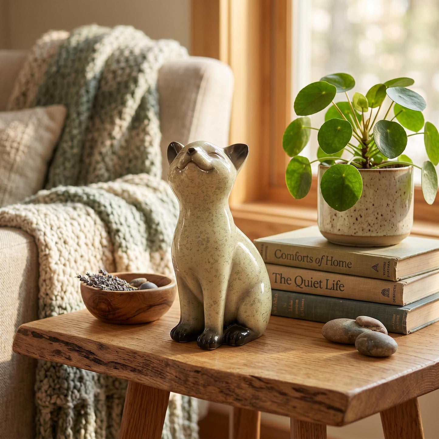 Speckled Resin Cat Figurine, Glossy Sitting Cat Statue, Cream and Black Decorative Cat Sculpture for Bookshelf, Desk, Shelf, Tabletop, Living Room, Office, Bedroom Decor, Gift for Cat Lovers (Cat)