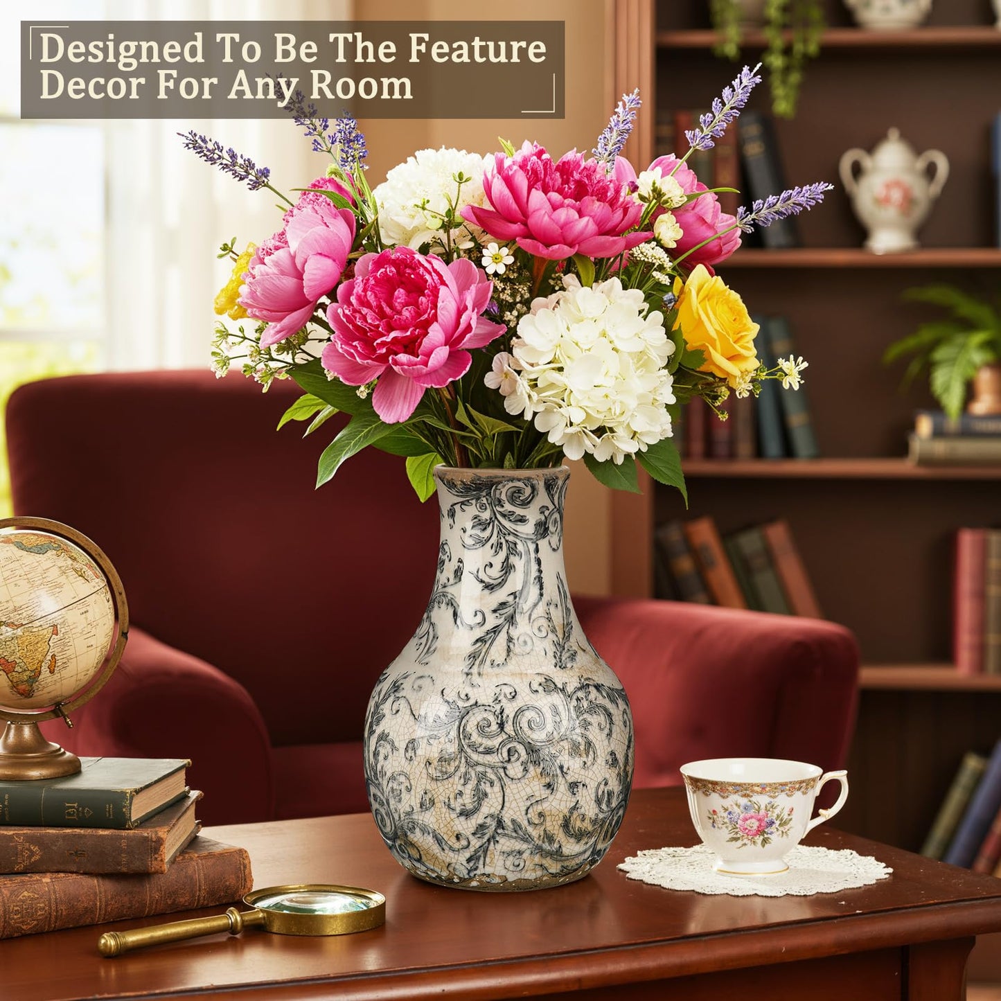 LemonRoad Vintage Ceramic Flower Vase 5.7 Inch Chinoiserie Ice Cracked Glaze Porcelain Vase Rustic Ceramic Large Centerpieces for Home Table Living Room Bookshelf Office(Vine Style)
