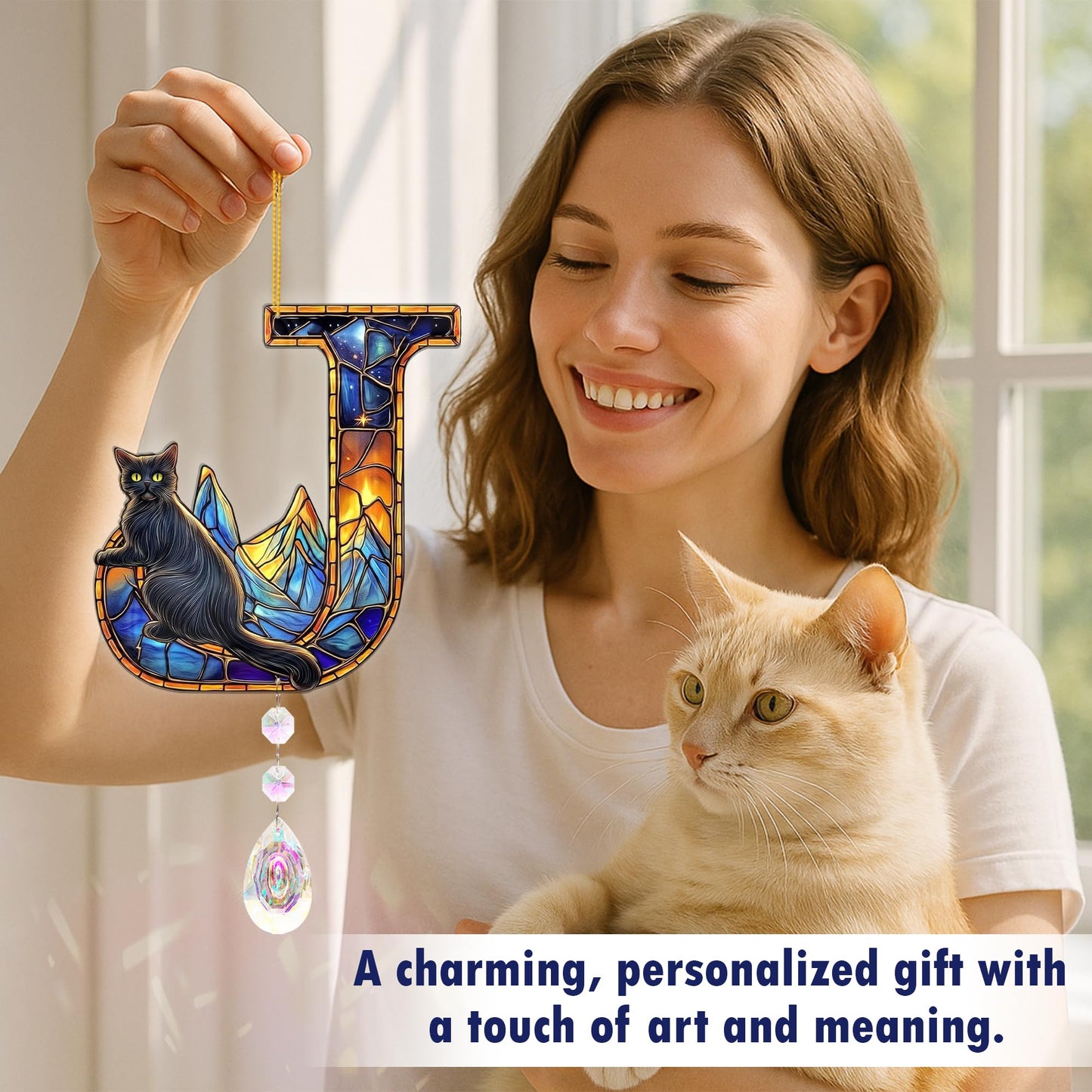 Suncatchers for Windows Hanging, Cat Starry Night Gifts for Women, Crystal Sun Catchers Indoor Window Rainbow Maker. Black Cat Lover Gifts for Women Personalized - Letter J