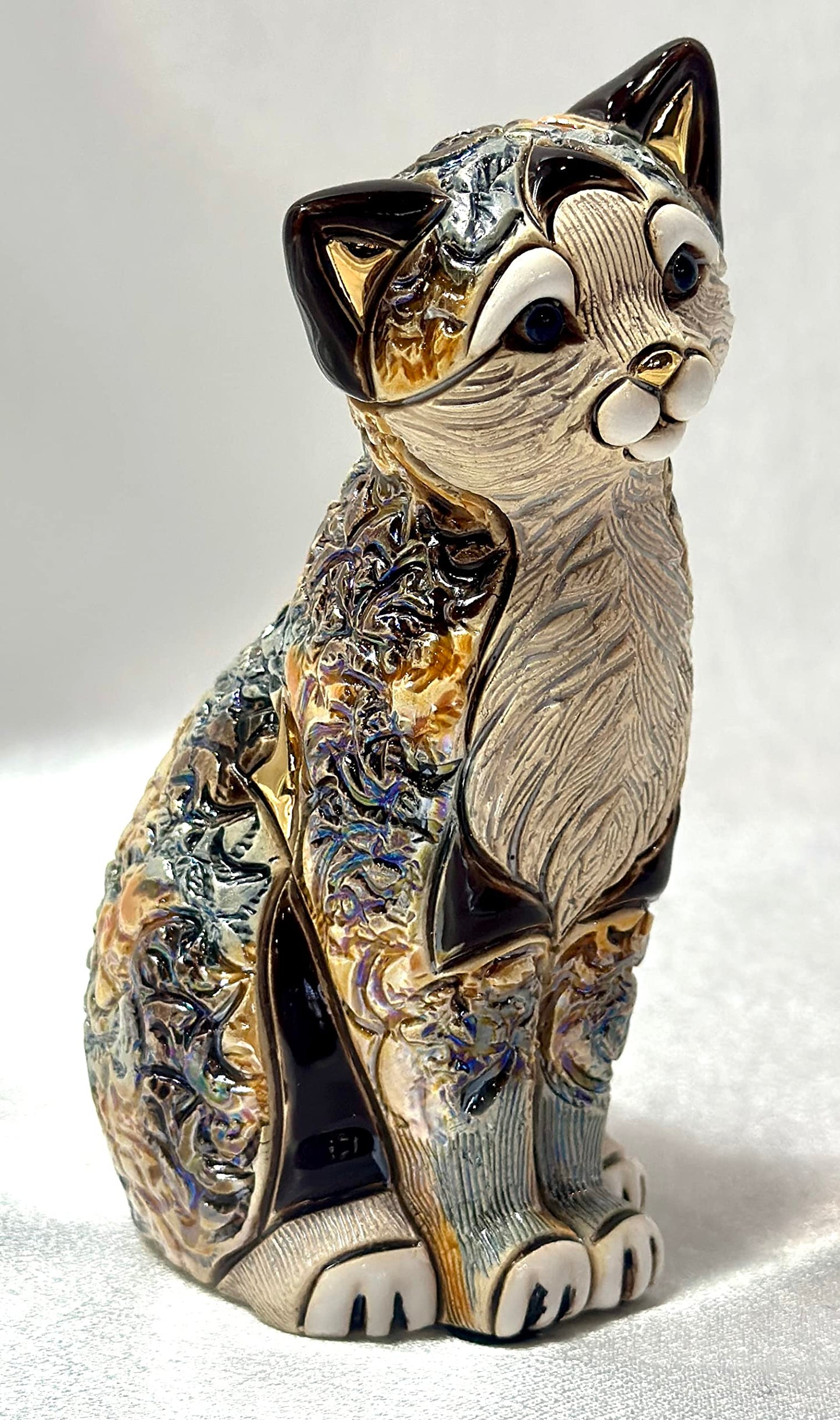 Handmade Sculpted Ceramic Calico Cat Sitting Figurine - Art - Decor - Gift