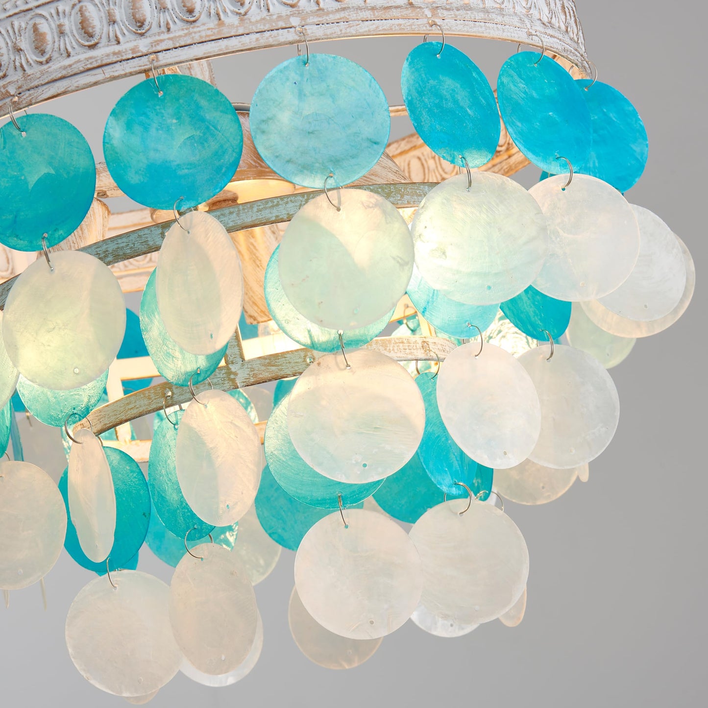 ElegLumi Capiz Shell Ceiling Light, 3-Light Gold Capiz Shell Close to Ceiling Light Fixture for Dining Room, Bedroom, Hallway, D13 × H13inch, Vintage White Finish Frame & Blue Capiz Shell