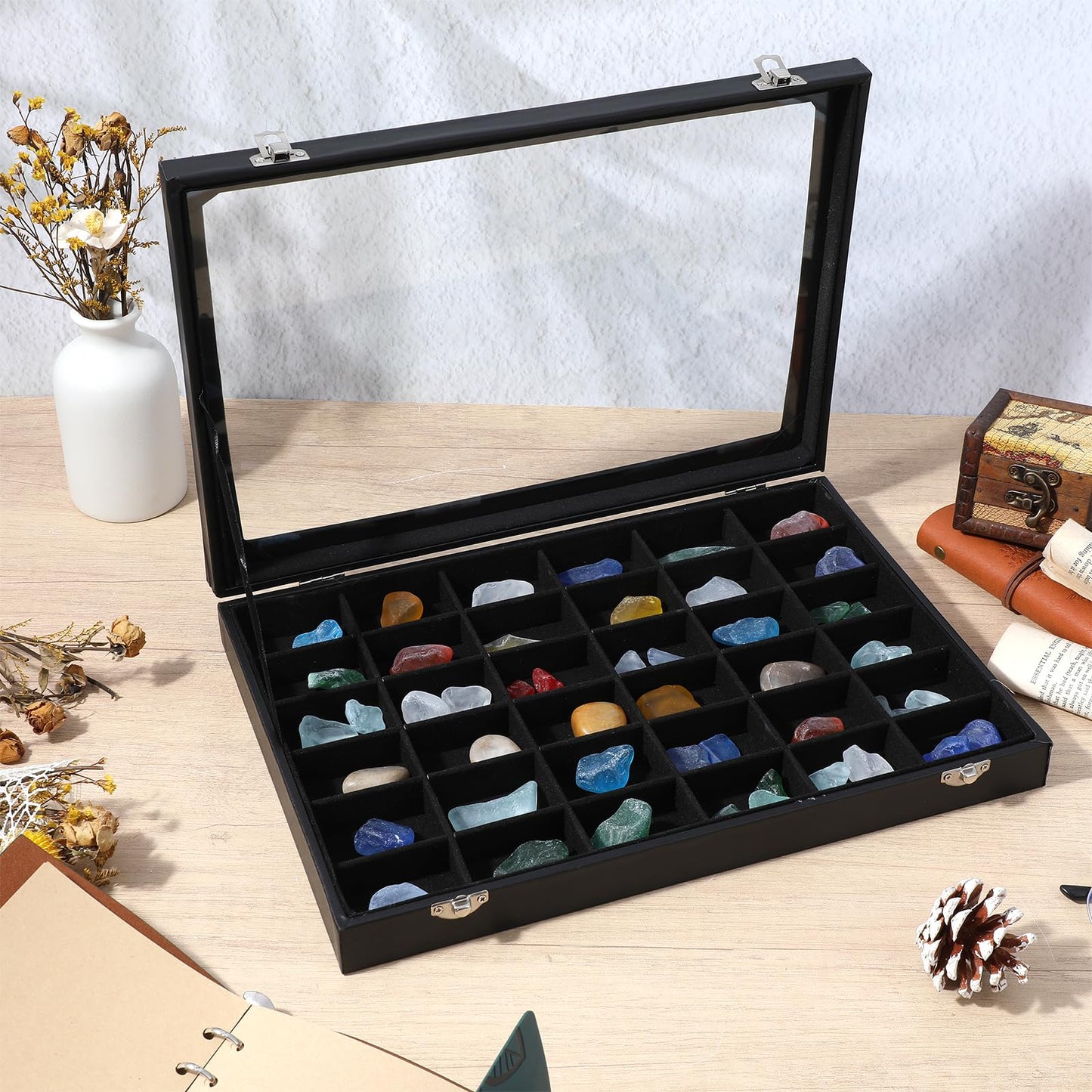 Leooomap 2 Pack 36 Grid Crystal Display Case, Rock Collection Display Case with Clear Lid & Velvet Grids - Black PU Leather Rock Storage Box for Gemstones, Minerals, Collectibles