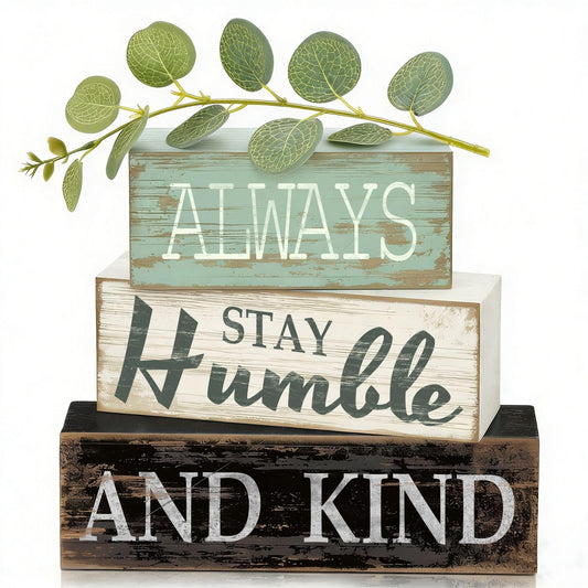 4 Pcs Farmhouse Stacked Wooden Decor Always Stay Humble and Kind Inspirational Table Signs with Eucalyptus Leaves for Living Room Shelf Fireplace Mantle Home Decoration Housewarming Gift