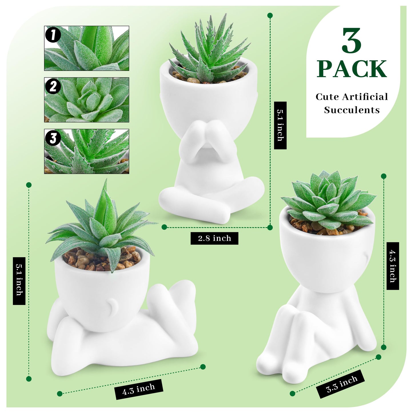 Der Rose 3pcs Fake Succulents Plants Artificial for Bathroom Bedroom Home Room Decor Aesthetic Indoor