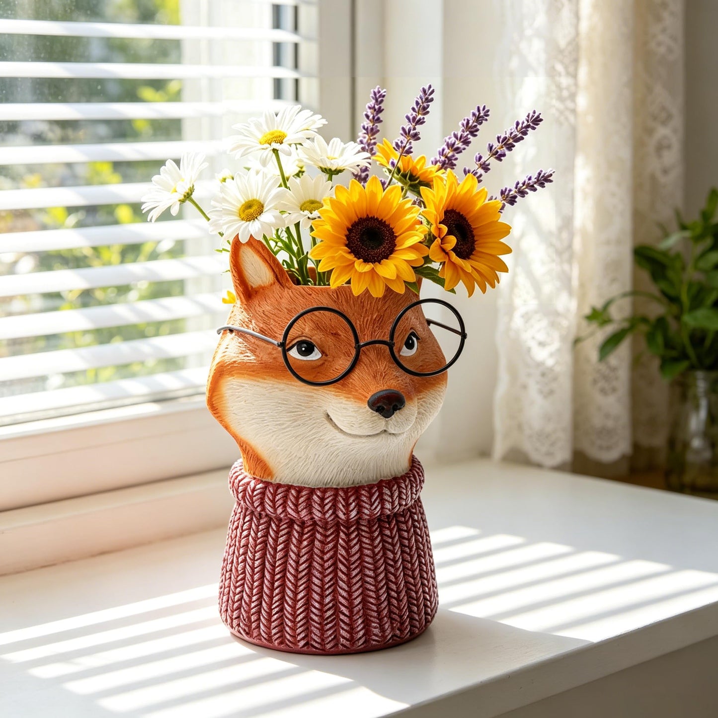 Resin Fox Flower Vase, Unique Lava Red Sweater Fox Sculpture Decoration Aesthetic Flower Vase for Home Decor