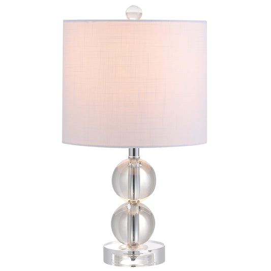 JONATHAN Y 17.5" Clear Crystal Table Lamp, Glam Double Sphere Mini Nightstand Lamp for Bedroom Living Room, White Linen Drum Shade, Chrome Finish, LED Bulb Included JYL2057A