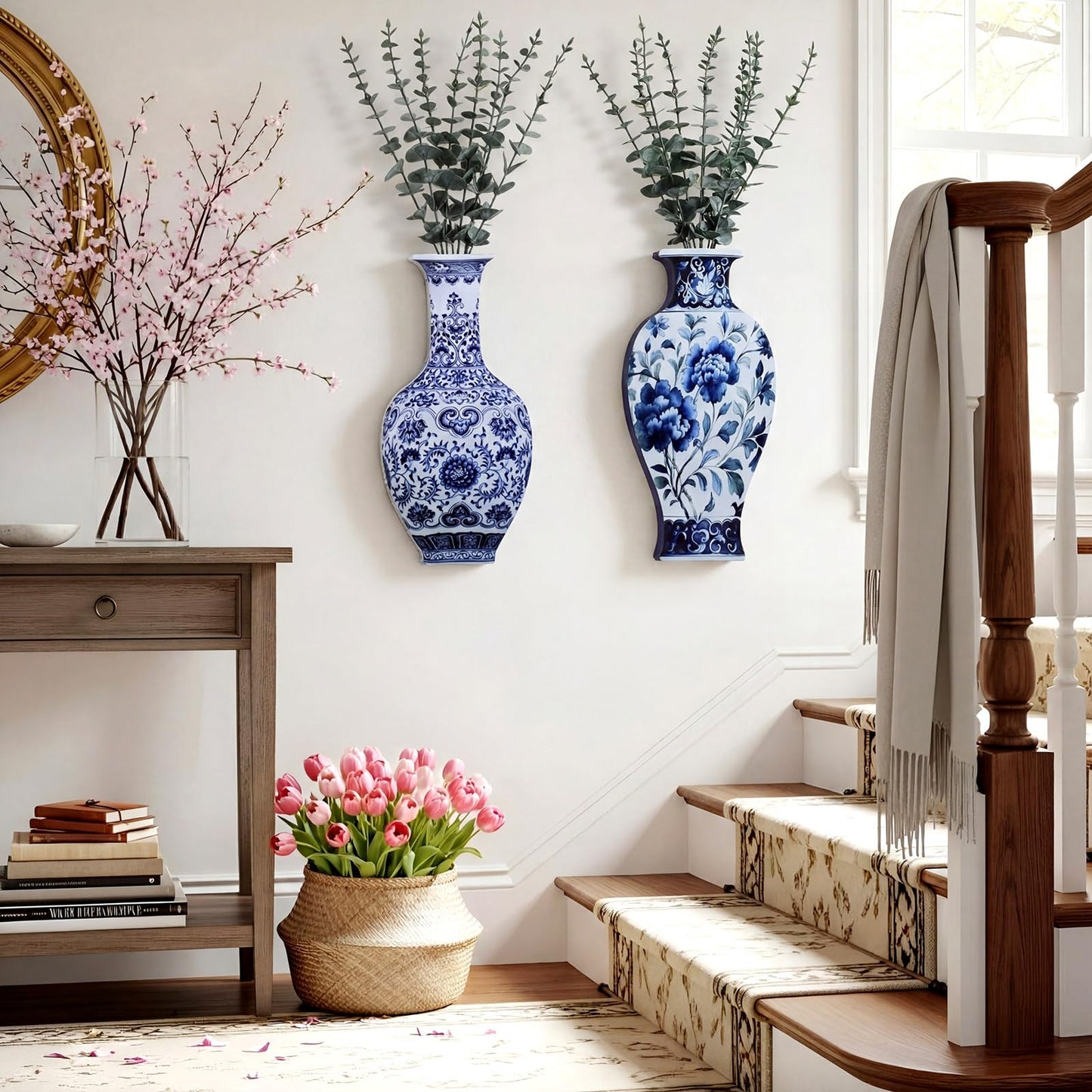 Blulu 2 Pack Wooden Wall Vase Set with Faux Eucalyptus Plants Blue and White Wooden Chinoiserie Wall Vase Modern Farmhouse Art Decor Hanging Planters for Home Office Tabletop