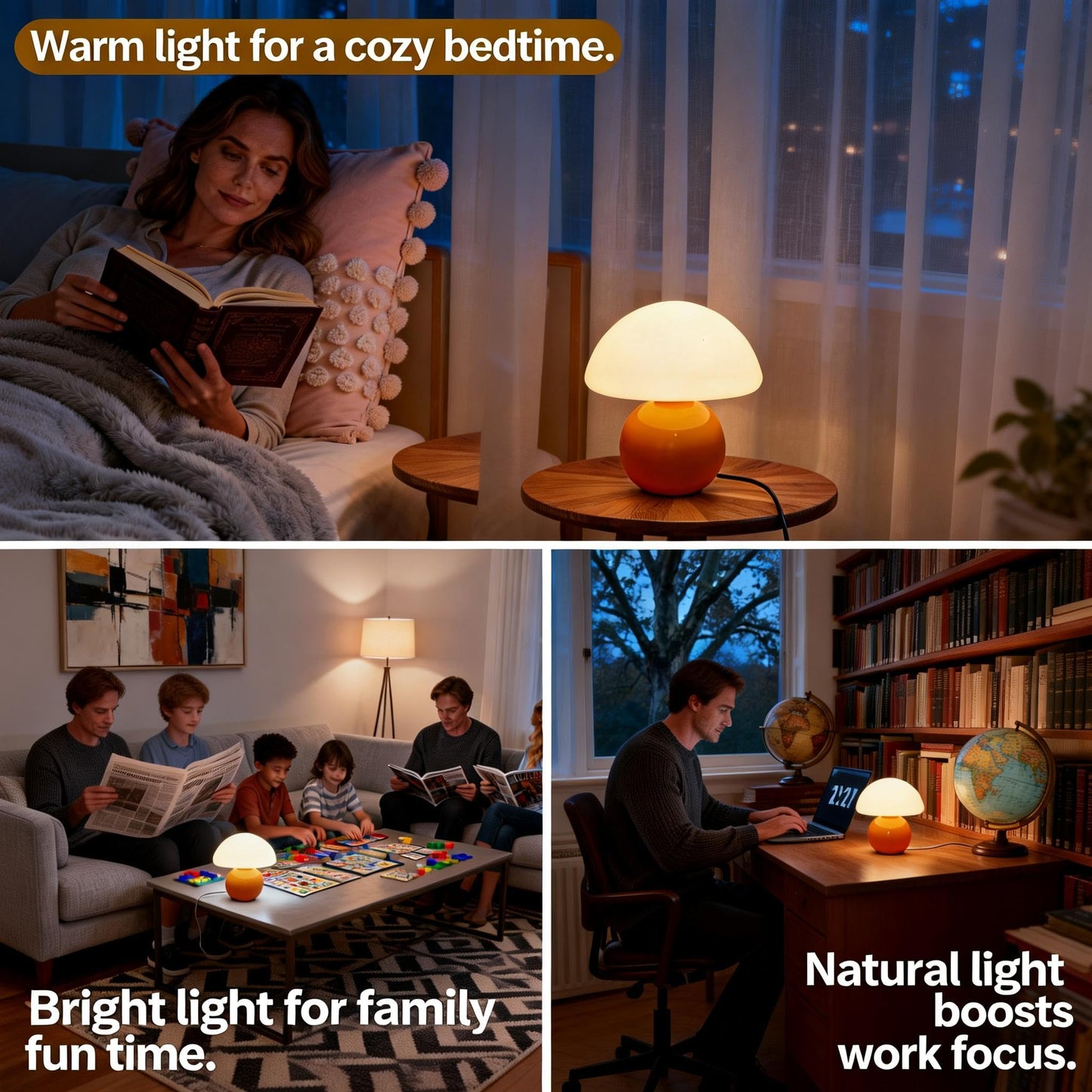 O-FarFarm 3-Way Dimmable Orange Mushroom Lamp - Plug Powered Small Desk Table Lamp with Dimmable Ambient, Night Light for Bedroom, Office,Nursery,Home Living Room Decor, Gift for Kids Teens & Adults