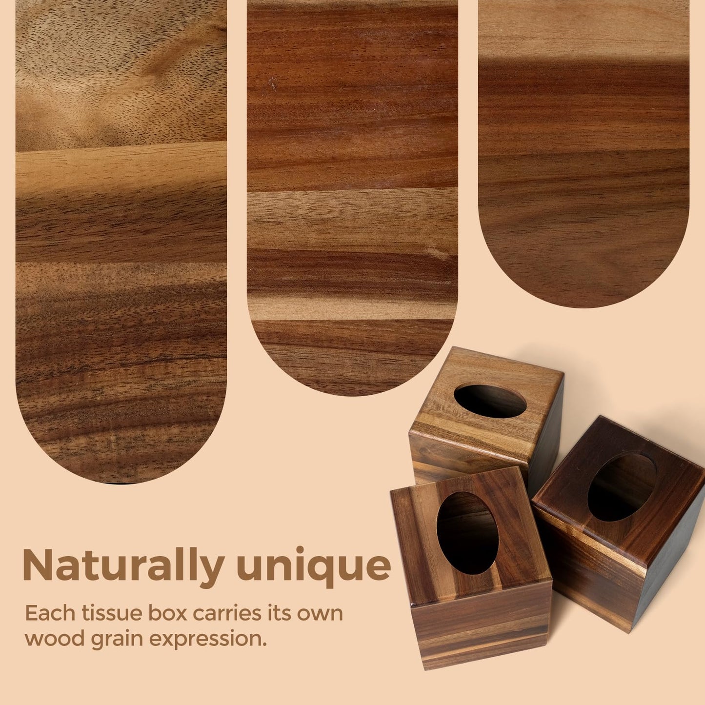 S310 Acacia Wood Tissue Box Cover, Square Tissue Box Holder with Slide-Out Bottom, Wooden Cube Tissue Covers Tissue Holders for Bathrooms Office Kitchen
