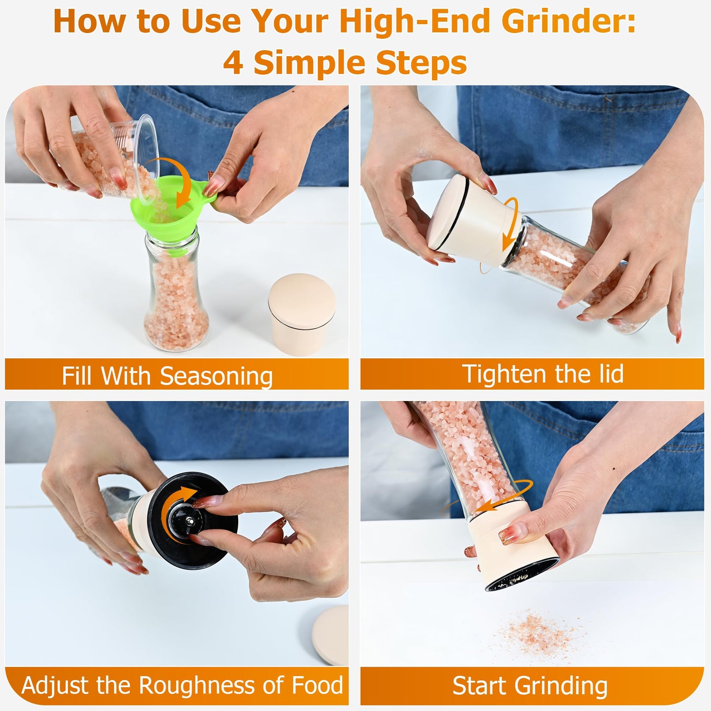 R DRURLCD Beige Salt and Pepper Grinder Set of 2，Refillable Adjustable Coarseness Stainless Steel, Pepper Mills W/Funnel- Kitchen Spice Mill
