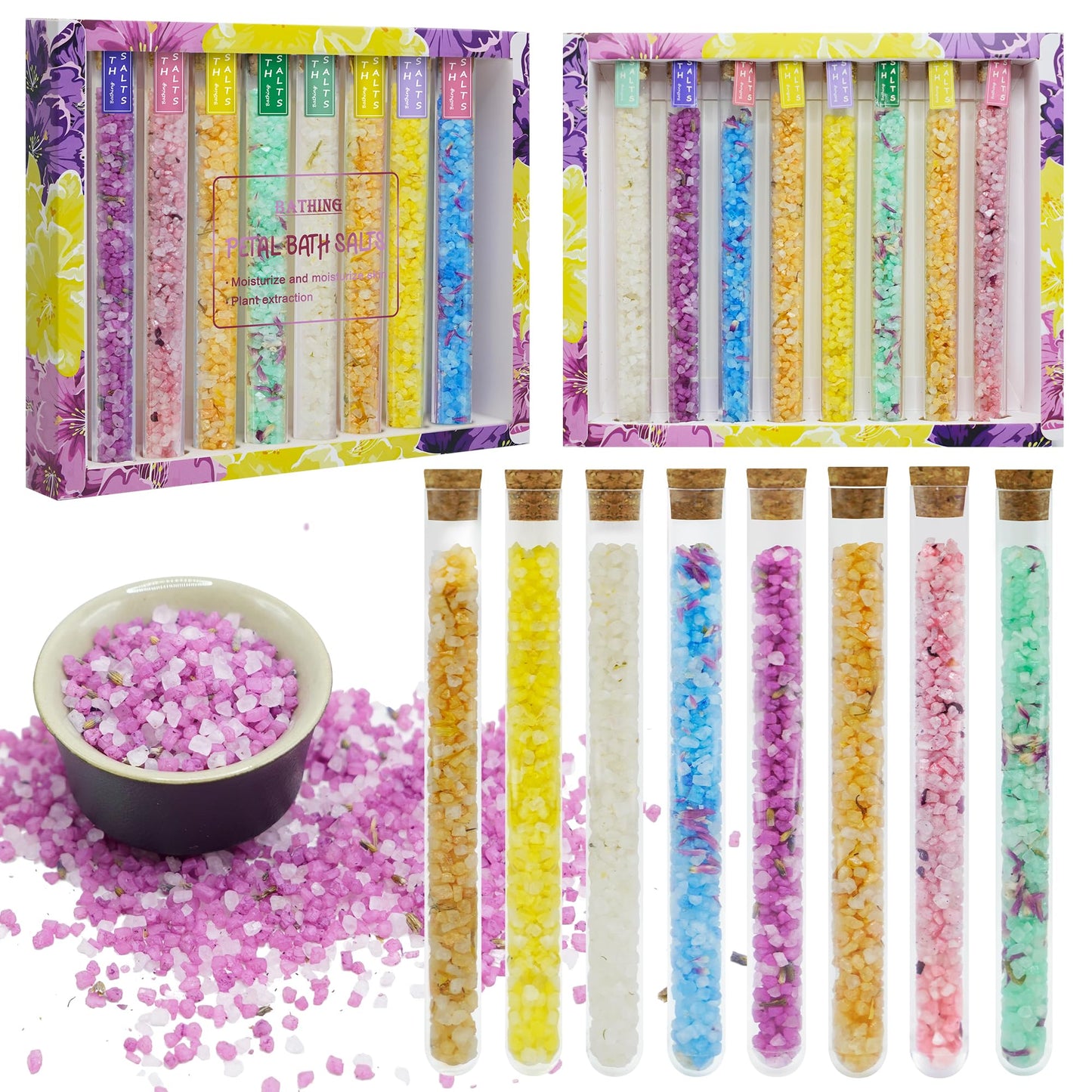 Bath Salts for Women and Men Relaxing, Fathers Day Birthday Gift, with Dead Sea Salt, Essential Oils, Minerals and Dried Flower, Spa Bath & Foot Soak, Individual Tubes, Travel Size, 8 Scents, 8 oz