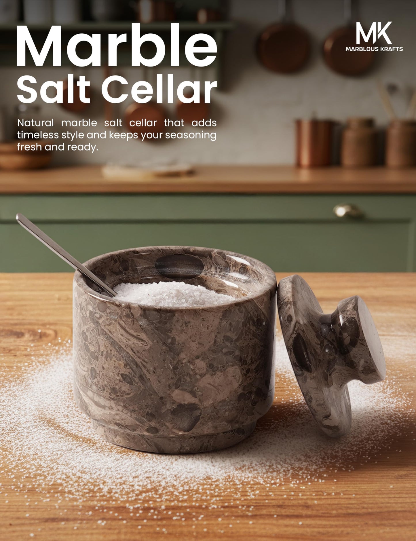 MARBLOUS KRAFTS Marble Salt Cellar Oceanic 3" Flaky Salt Dish for Countertop Ideal Spice Box, Candy Bowl, Brown Sugar Jar with Lid and Spoon, Kitchen Storage, Ideal Mother’s Day Gift for Mom
