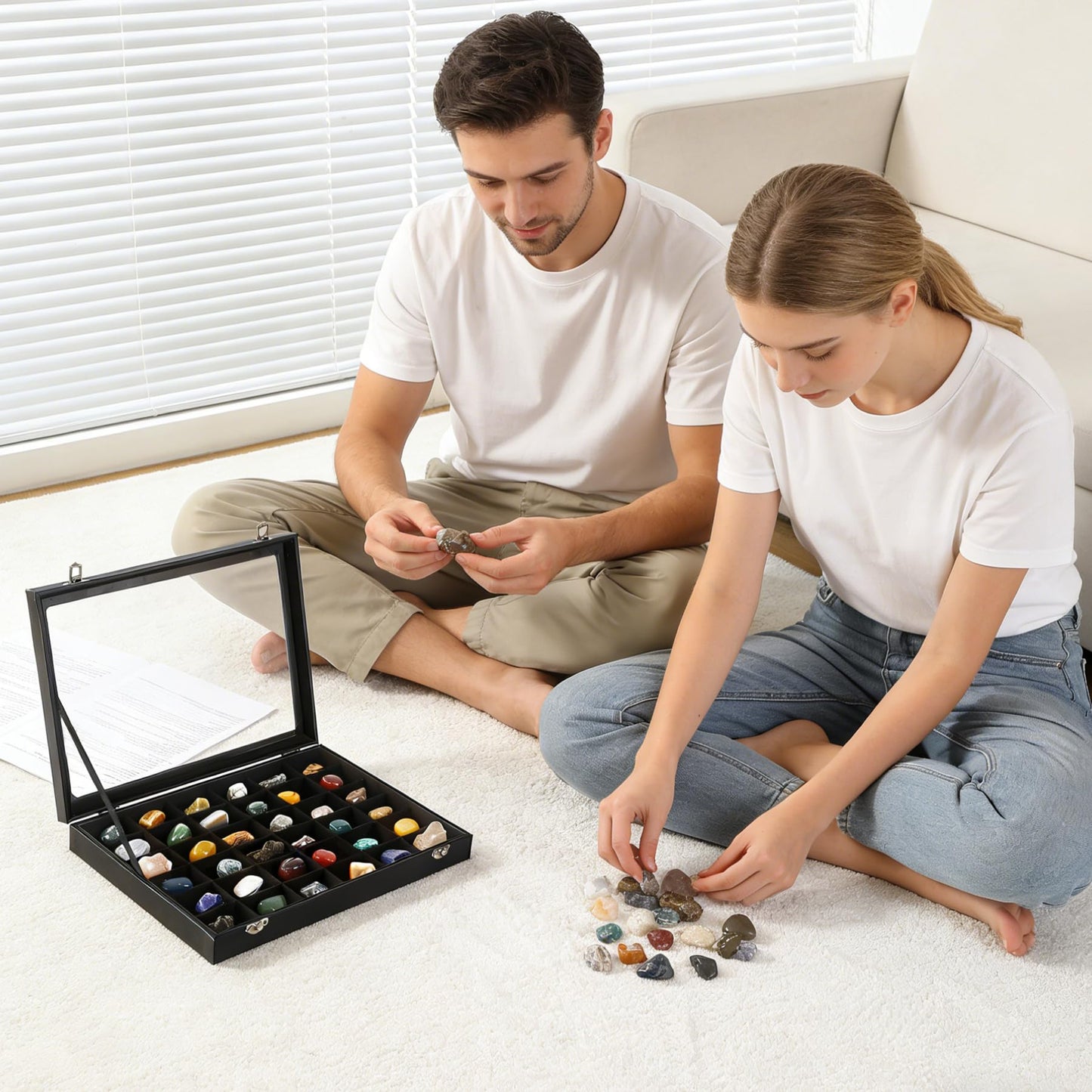 Dmnnlp 2 Pack Rock Collection Display Case, 36 Grids PU Leather Rock Collection Box with Glass Lid and Velvet Lining, Crystal Storage Organizer for Gemstones, Tumbled Stones, Minerals, Fossil (Black)