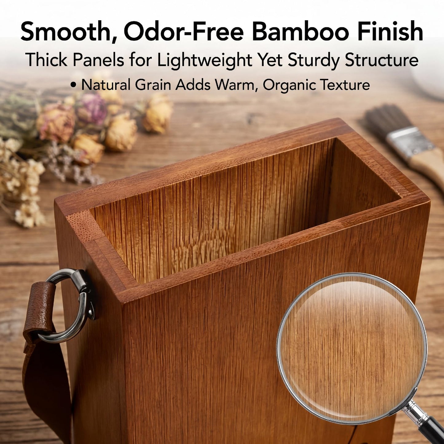 Set of 2 Bamboo Wall Planters Indoor Plants Brown Wood Wall Vase with Durable Leather Handle Boho Wall Decor Living Room Hanging Propagation Stations for Dried Flowers Paintbrushes