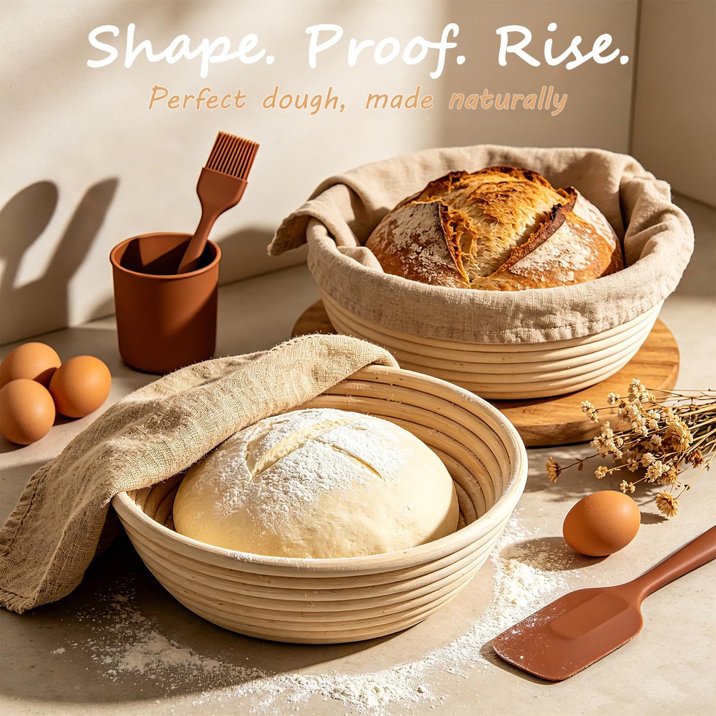 Sourdough Starter Kit, Sourdough Bread Baking Supplies, Banneton Bread Proofing Basket with Starter Jar, Dough Whisk, Scrapers, Recipe, Round Bread Proofing Basket, for Bread Baking