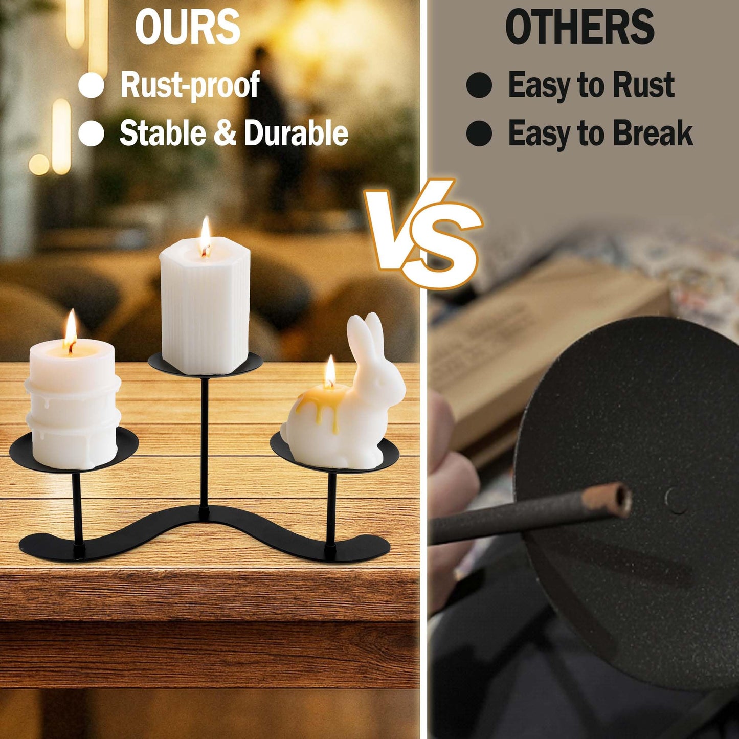 3-Arm Iron Candelabra Candle Holder -10 Inch Waved for Pillar Candles