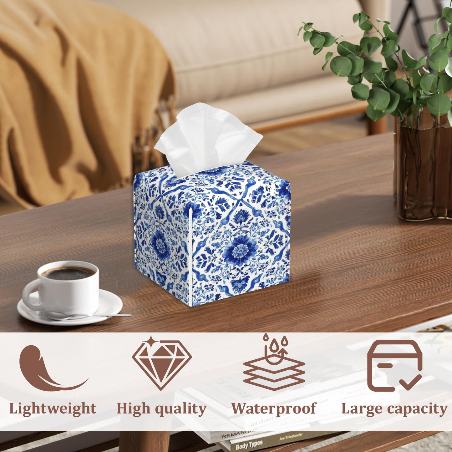 Blue White Ornament Tiles Tissue Box Cover Square Leather Tissue Case Holder Facial Paper Organizer Decorative for Tabletop Night Stands Desk Bathroom Kitchen Home Decor, 2Pack