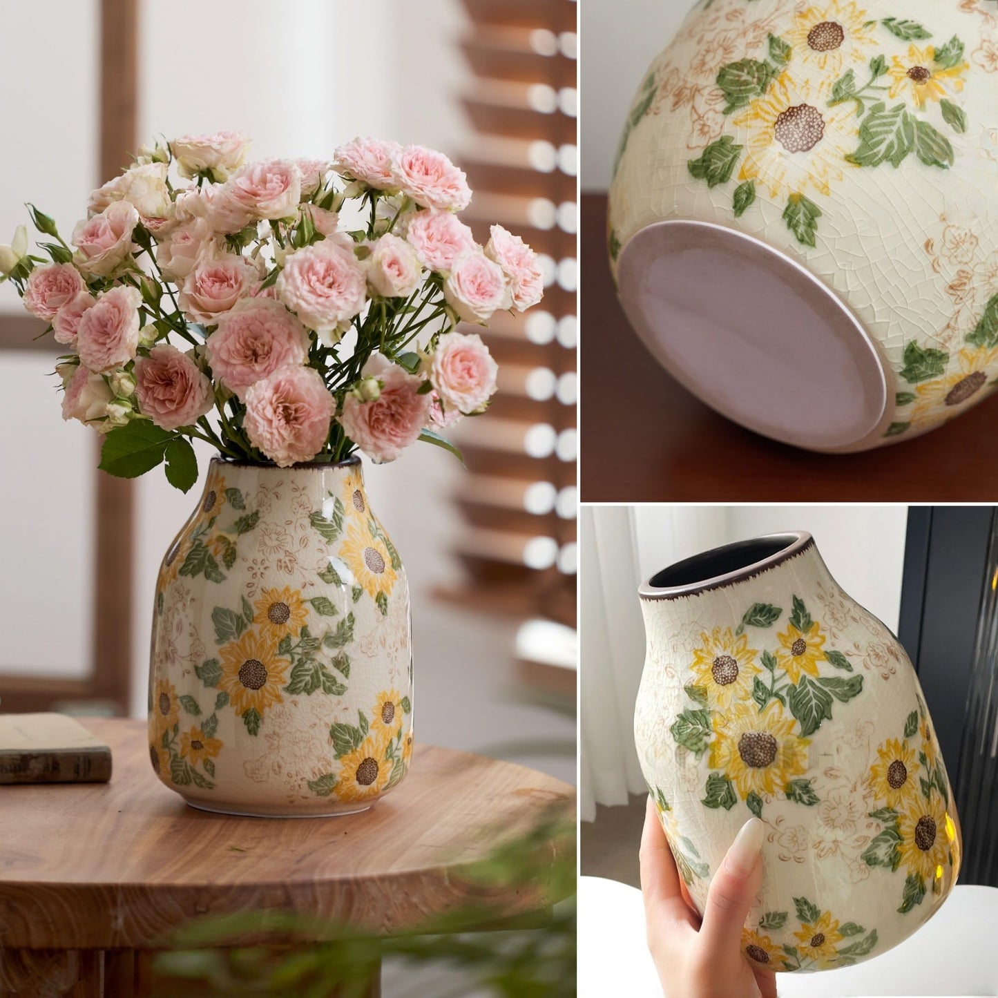 Loaesa Yellow Sunflower Floral Ceramic Vase, 7.7 Inch Chinoiserie Modern Aesthetic Rustic Vases for Tuscan French Country Kitchen Bedroom Entryway Coffee Table Home Decor