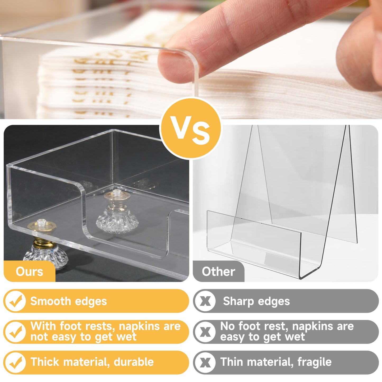 Acrylic Napkin Holder with Feet, LUVCOSY Acrylic Guest Towel Holder, Clear Hand Towel Storage Tray, Unique Crystal Feet Design, Paper Towel Dispenser for Bathroom, Kitchen, 9x5 Inches - Rectangular