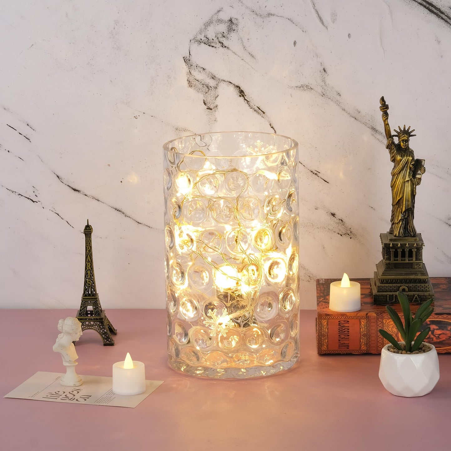6" Wide 10" High Decorative Glass Cylinder Vase with Dimpled Circle Pattern, 8 Inch Tall, Clear (1, 6"x10")