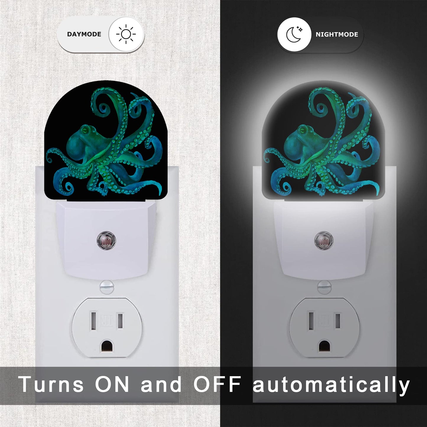 AOWULA Green Octopus Night Light,Fish Sea Life Plug-in Wall Led Night Lights Decor for Boys Girls Room,Dusk to Dawn Sensor Wall Lamp for Stairway/Hallway/Kitchen,0.5W
