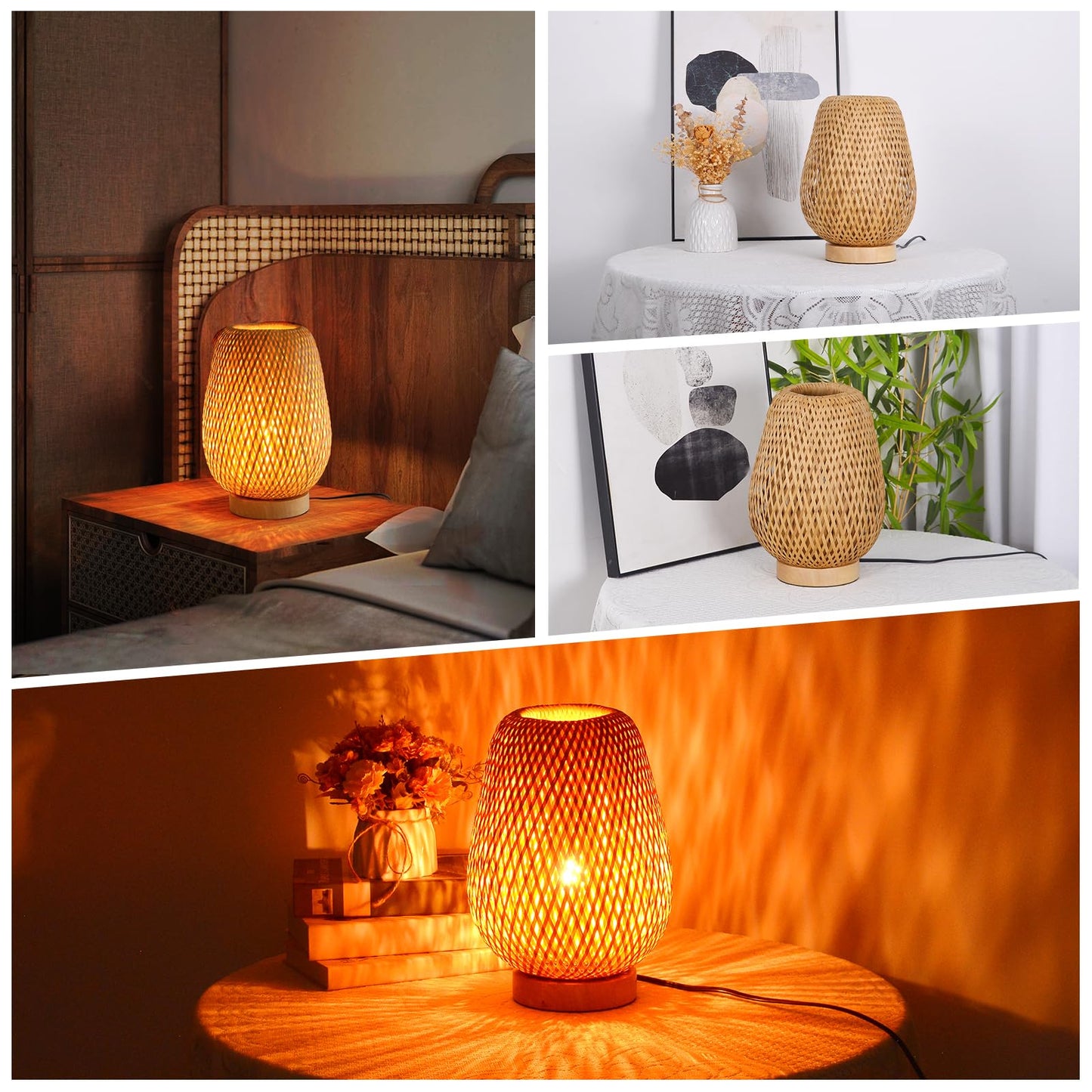 Hodevimall Boho Rattan Table Lamp, Stepless Dimmable Small Beside Lamp, Vintage Nature Wicker Wooden Nightstand Boho Bamboo Woven End Table Lamps for Bedroom Living Room Desk Kids Room