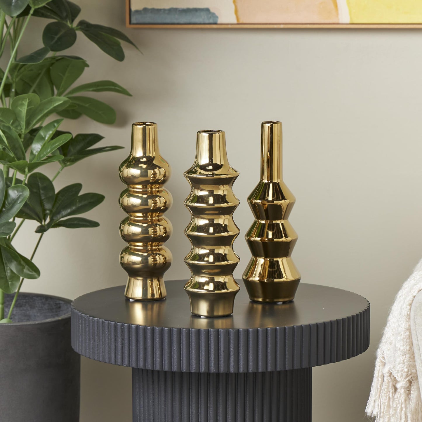 Deco 79 Ceramic Abstract Decorative Vase Bubble Inspired Centerpiece Vases with Varying Shapes, Set of 3 Flower Vases for Home Decoration 4" W, 12" H, Gold