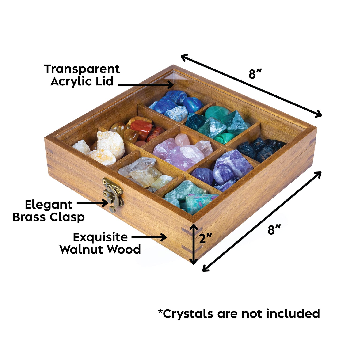 Curawood Rock Display Case - 8" x 8" Rock Collection Box for Kids & Adults - Crystal Holder for Stones Display Shelf with 9 Compartments & Acrylic Lid - Gemstone & Crystal Storage Box Organizer