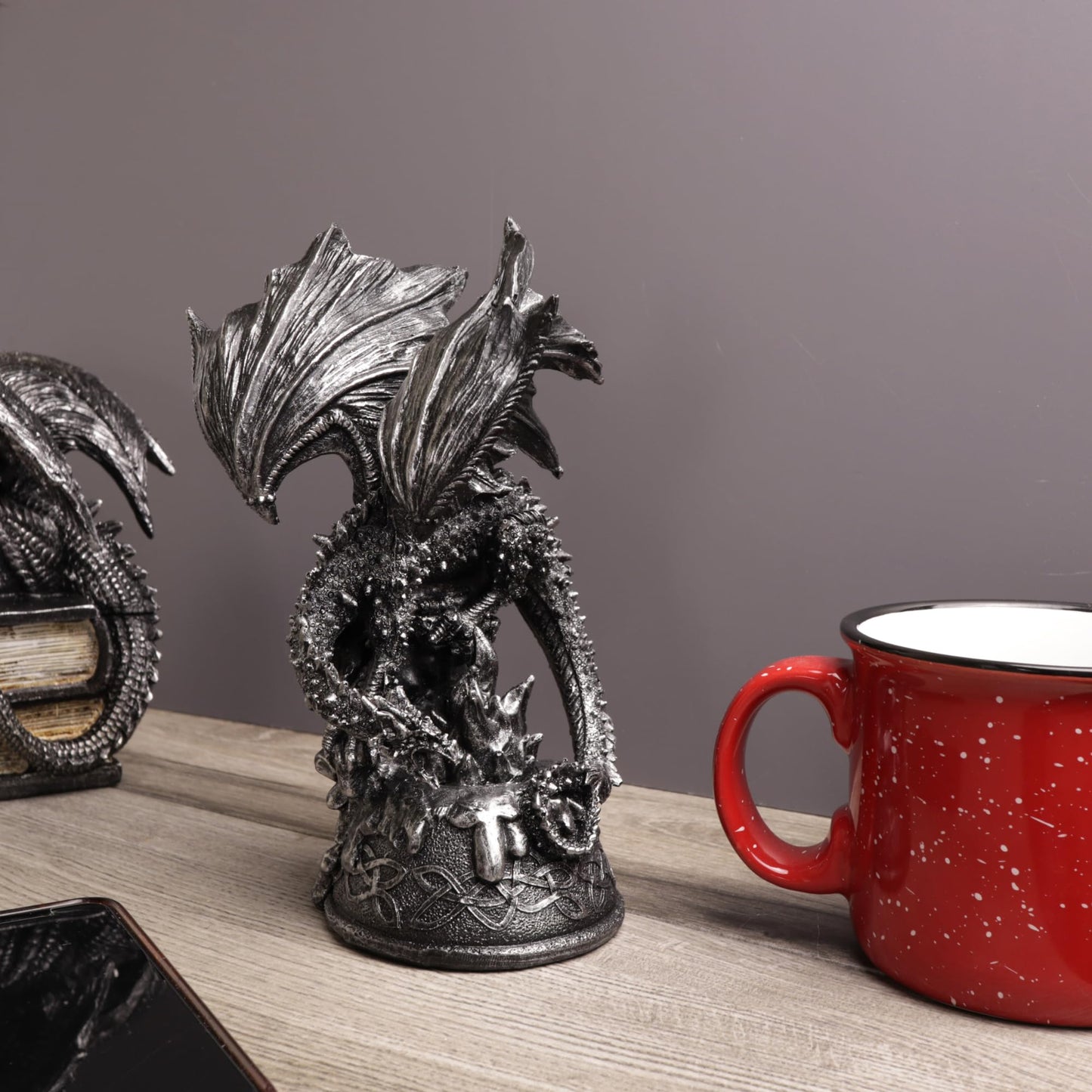 Needzo Metallic Fantasy Dragon Figurine with Stand, Unique Collectible Statue for Bookshelves, 8 x 4 Inches