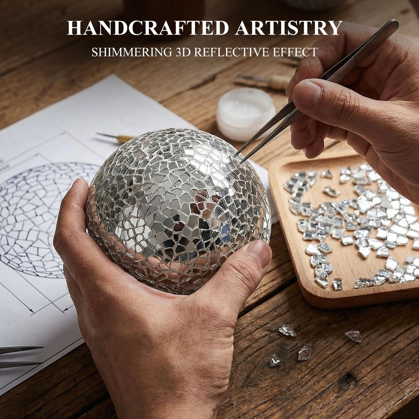 JOHOUSE 3PCS Decorative Balls with Tray, 3 Inch Silver Orbs Glass Balls for Centerpiece Bowls Mosaic Sphere for Home Decoration Dining Table