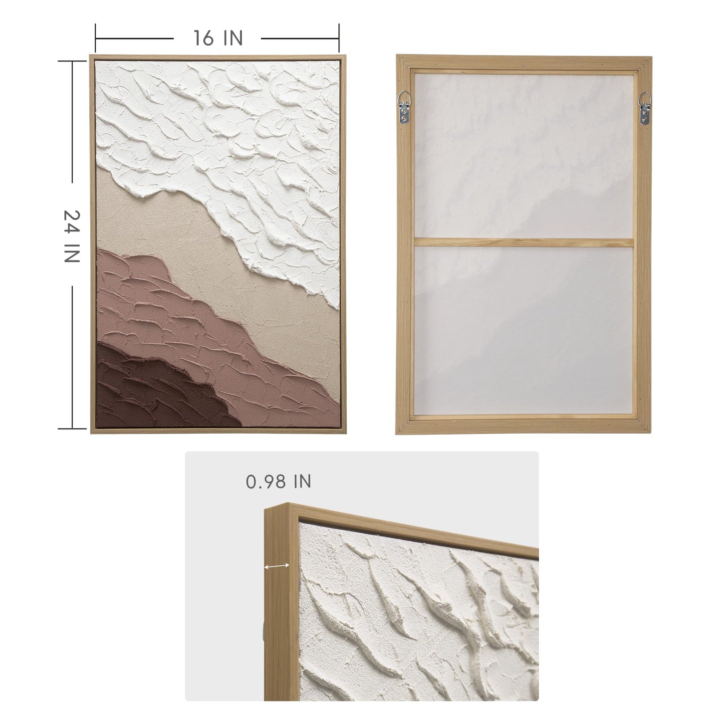 ArtbyHannah Framed Textured Wall Art, 16x 24 Inch Hand-painted 3D Neutral Paintings Modern Abstract Ocean Wave Beach Sandstone Minimalist Artwork Decor for Hallway, Living Room Office, Hotel Decorations