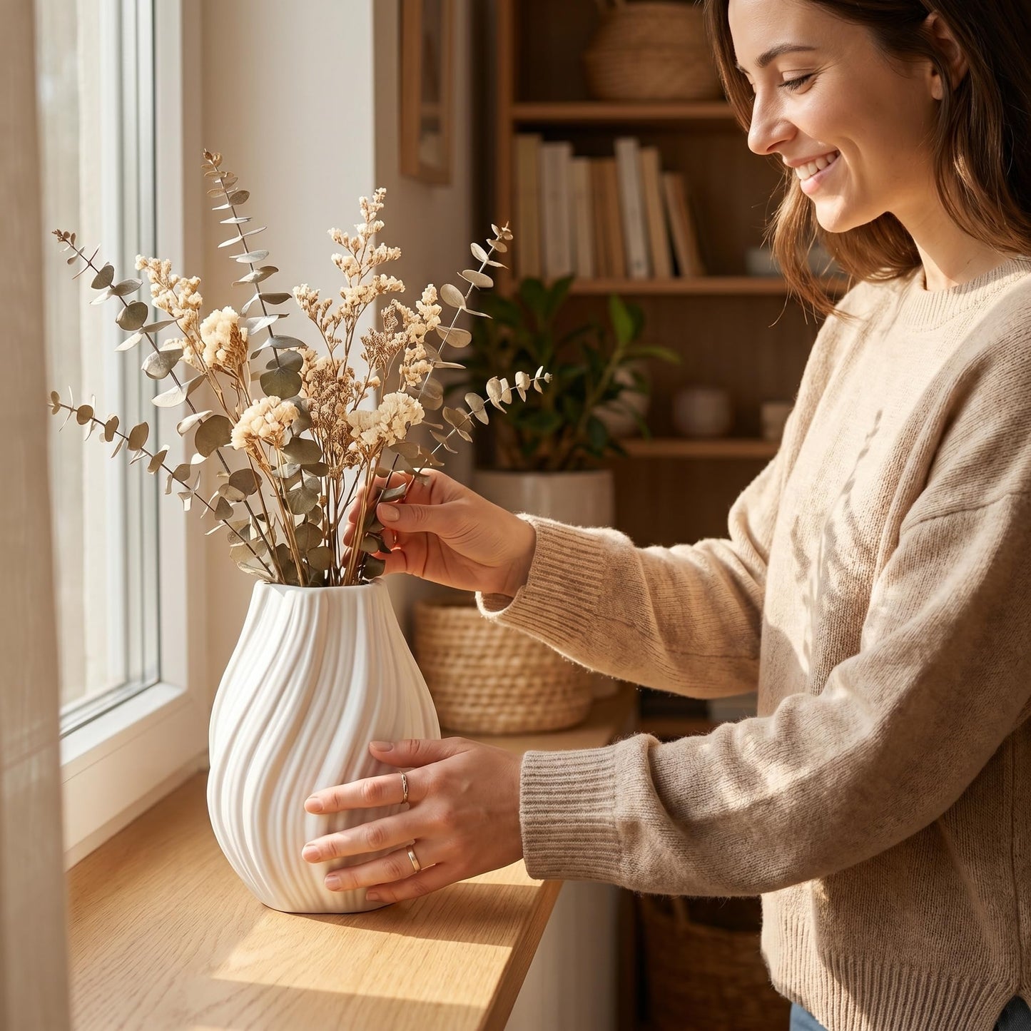 Modern White Ceramic Vase,Nordic Boho Geometric Striped Round Decorative Vase for Living Room,Shelf, Wedding&Dining Table Centerpiece, Farmhouse Home Decor, Office Decoration, Decorative Pottery