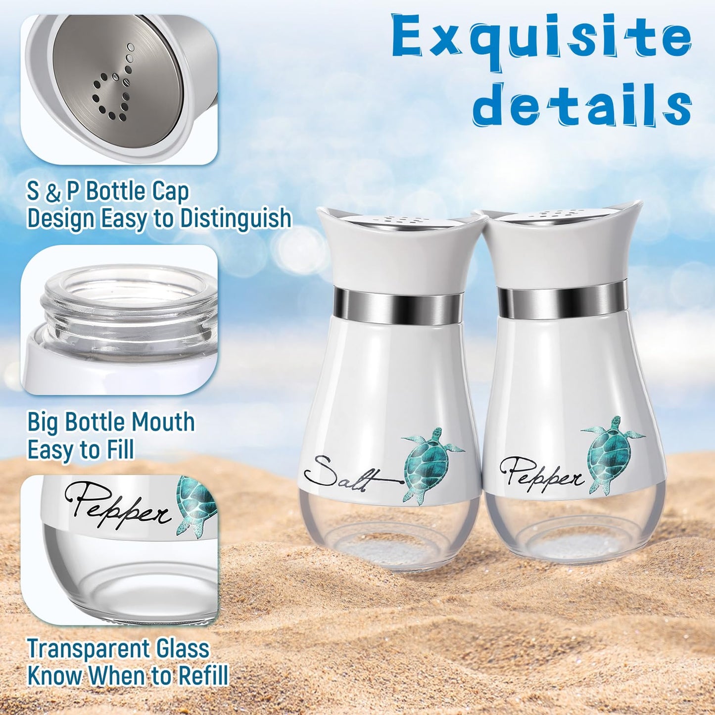 Bokon 2 Pack Sea Turtle Salt and Pepper Shakers Set, Stainless Steel Containers with Glass Bottom for Kitchen Accessories, Home Decorations, Cooking, BBQ, Camp, Beach, Bar, Coastal Theme Gift Idea
