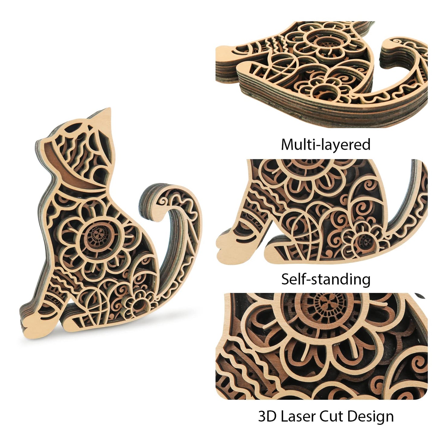 Laisgee Multi-Layered Cat Decor, Farmhouse Wooden Cat Craft 4 Layer Rustic Kitten Self-Standing Statue Desktop Shelf Tier Tray Display Cat Lovers Gift 6''