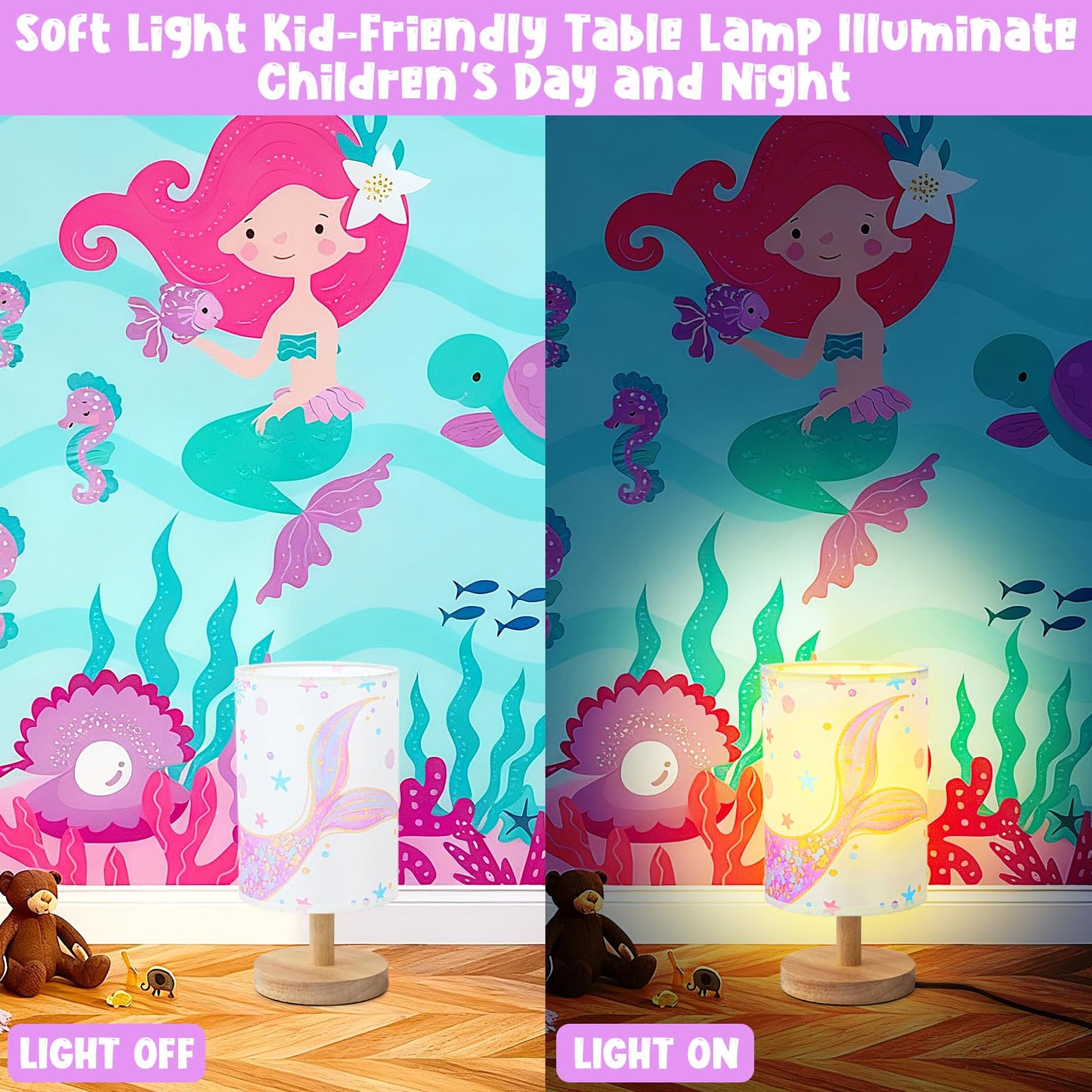 MASTRON Mermaid Table Lamp for Kids Bedroom - Mermaid Tail Pastel Kids Bedside Lamp with Linen Wooden Nightstand Nursery Lampshade for Girls Room Decor