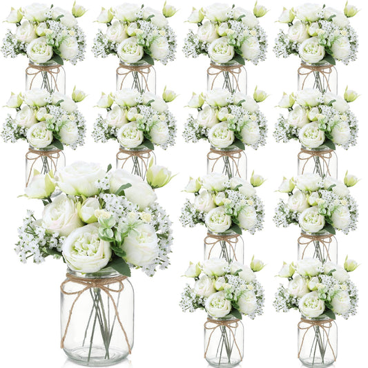 Zeyune 12 Sets Mason Jar Centerpiece Table Decorations, Artificial Peony Baby's Breath Flower Bouquets, Faux Flowers with Vase, Rustic Decor Gifts for Home, Wedding, Holiday (Green)