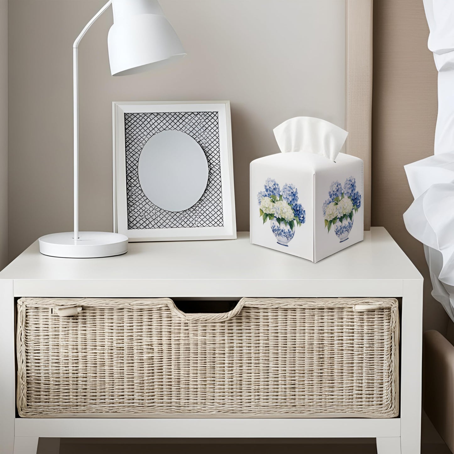 Hydrangea Tissue Box Cover — Chinoiserie Blue and White Floral Decorative Square Faux Leather Tissue Box Holder Dispenser, Hydrangea Accessories for Bathroom Car Home